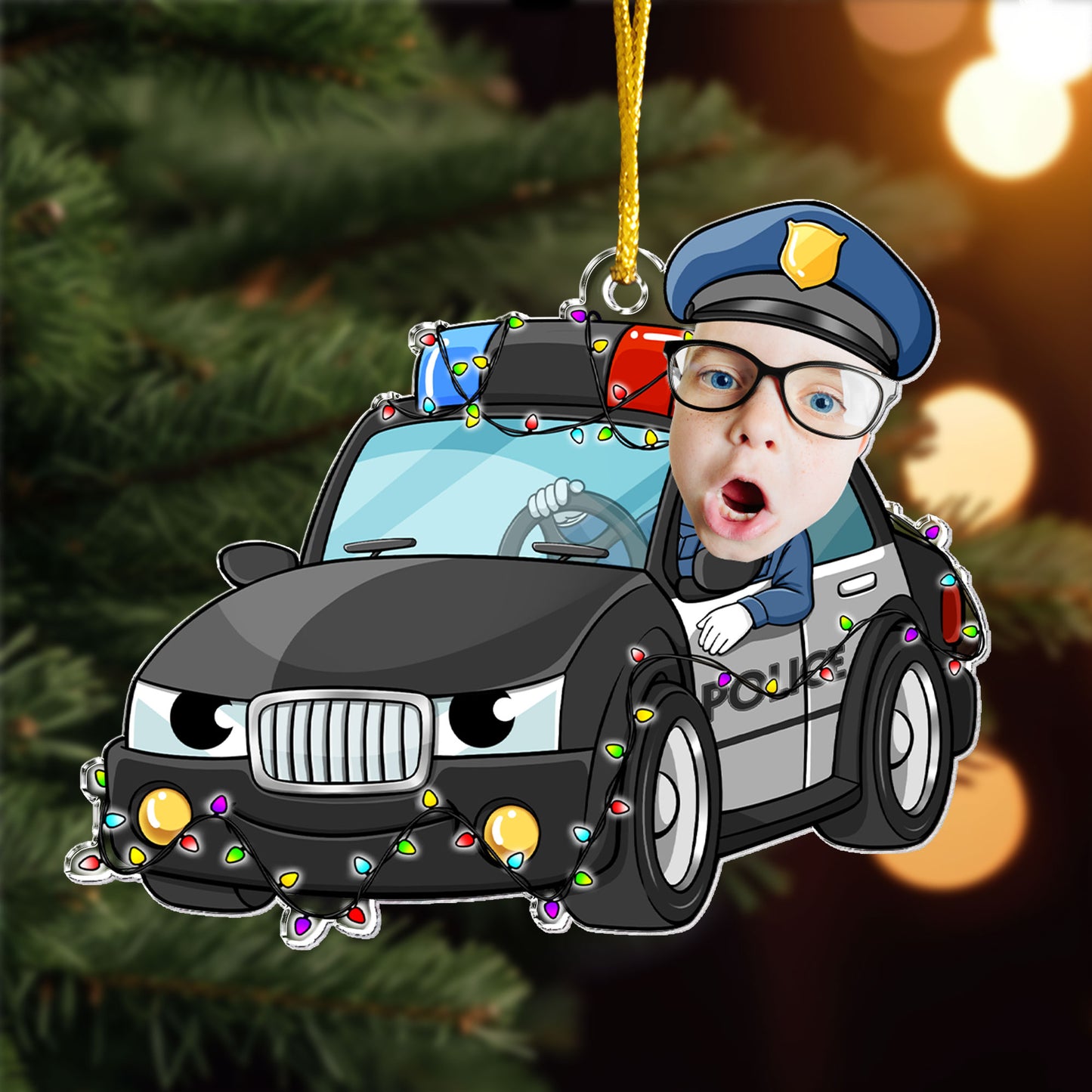 Custom Kid Face Police Car Cartoon - Personalized Acrylic Photo Ornament