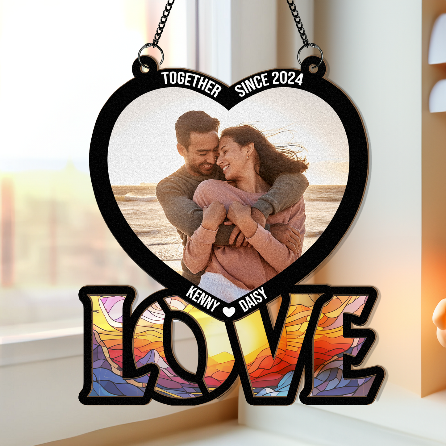 Custom Letter Heart & Couples Picture - Personalized Window Hanging Suncatcher Photo Ornament