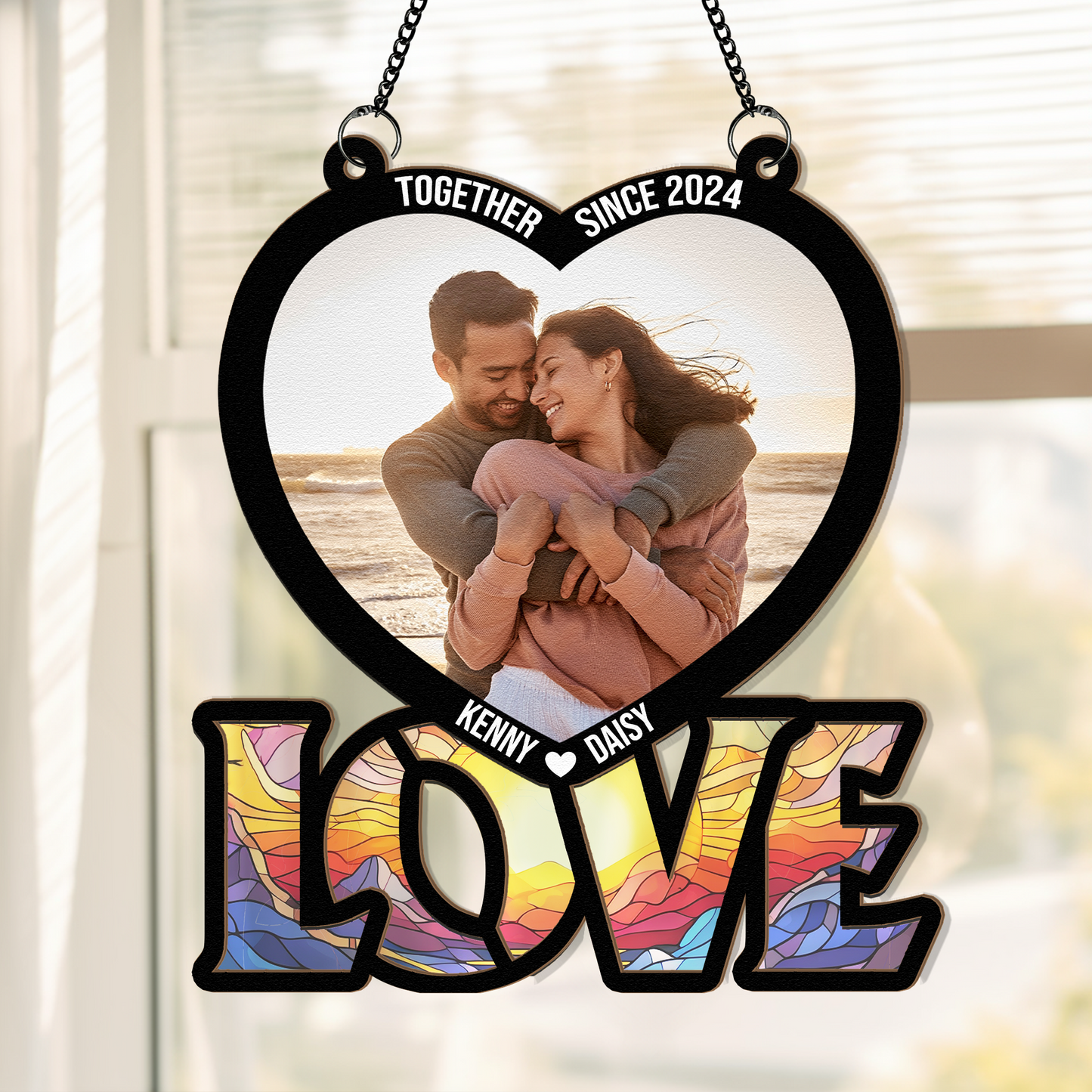 Custom Letter Heart & Couples Picture - Personalized Window Hanging Suncatcher Photo Ornament