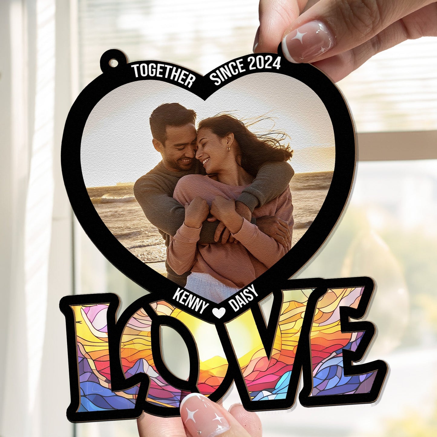 Custom Letter Heart & Couples Picture - Personalized Window Hanging Suncatcher Photo Ornament