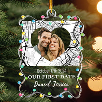 Custom Location Map Couple Our First Date - Personalized Acrylic Photo Ornament