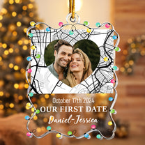 Custom Location Map Couple Our First Date - Personalized Acrylic Photo Ornament