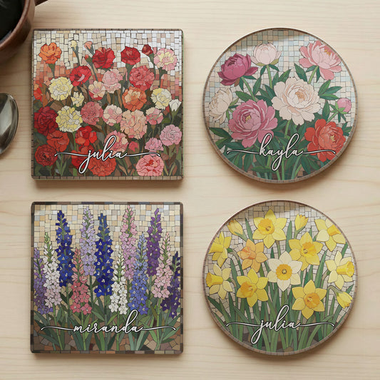 Custom Mosaic Birth Flower Printed Effect For Her, Sister, Mom, Grandma, Daughter - Personalized Ceramic Coaster