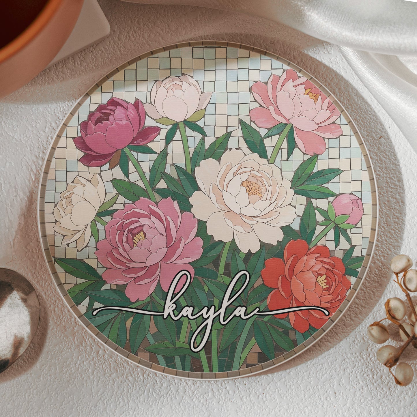 Custom Mosaic Birth Flower Printed Effect For Her, Sister, Mom, Grandma, Daughter - Personalized Ceramic Coaster