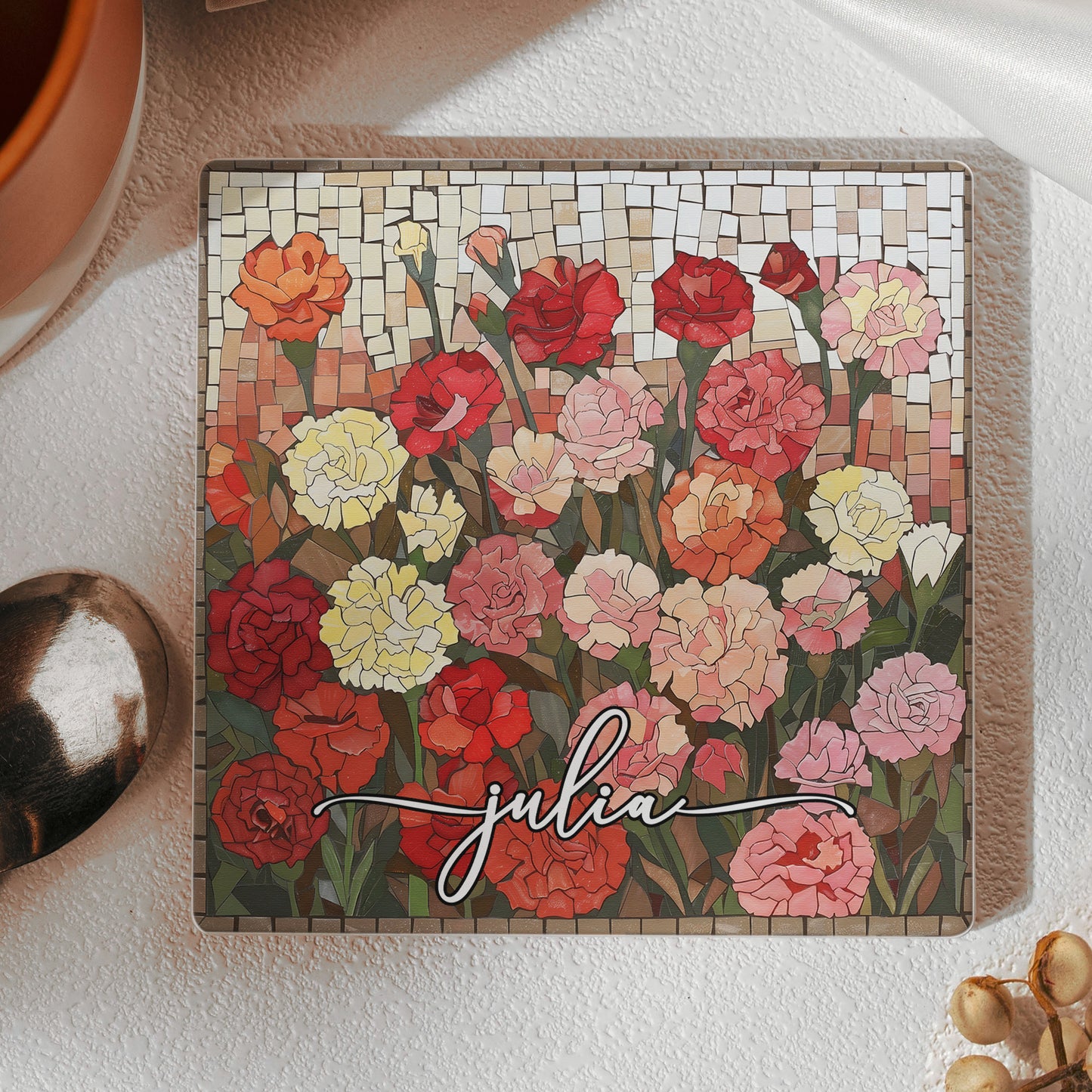 Custom Mosaic Birth Flower Printed Effect For Her, Sister, Mom, Grandma, Daughter - Personalized Ceramic Coaster