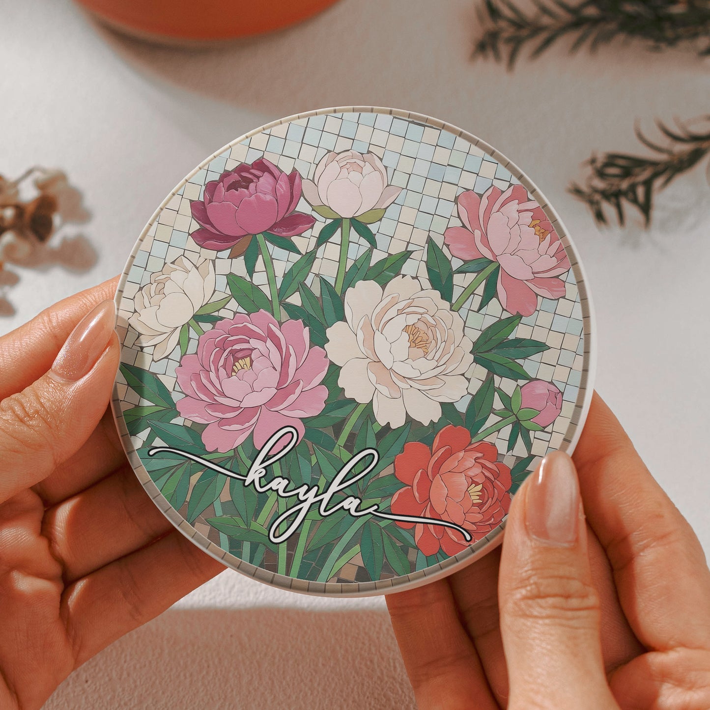 Custom Mosaic Birth Flower Printed Effect For Her, Sister, Mom, Grandma, Daughter - Personalized Ceramic Coaster