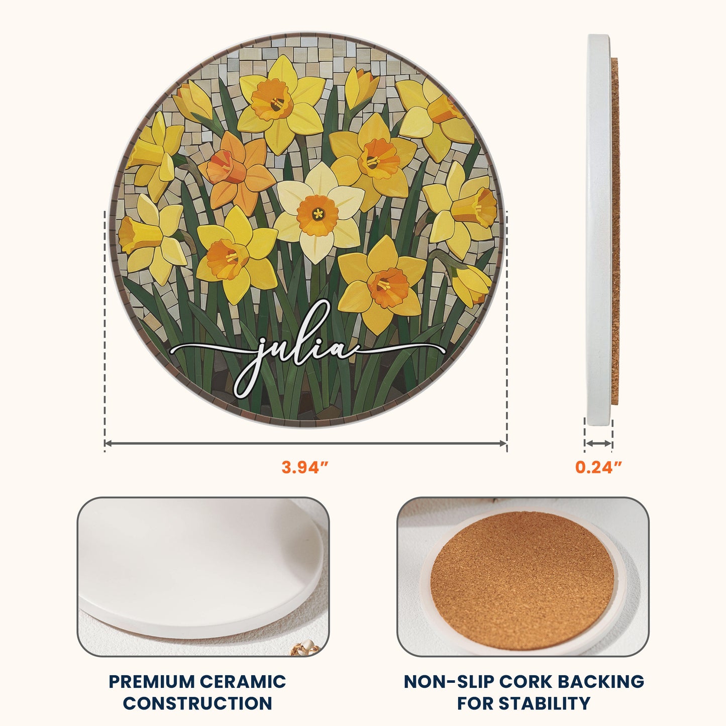 Custom Mosaic Birth Flower Printed Effect For Her, Sister, Mom, Grandma, Daughter - Personalized Ceramic Coaster