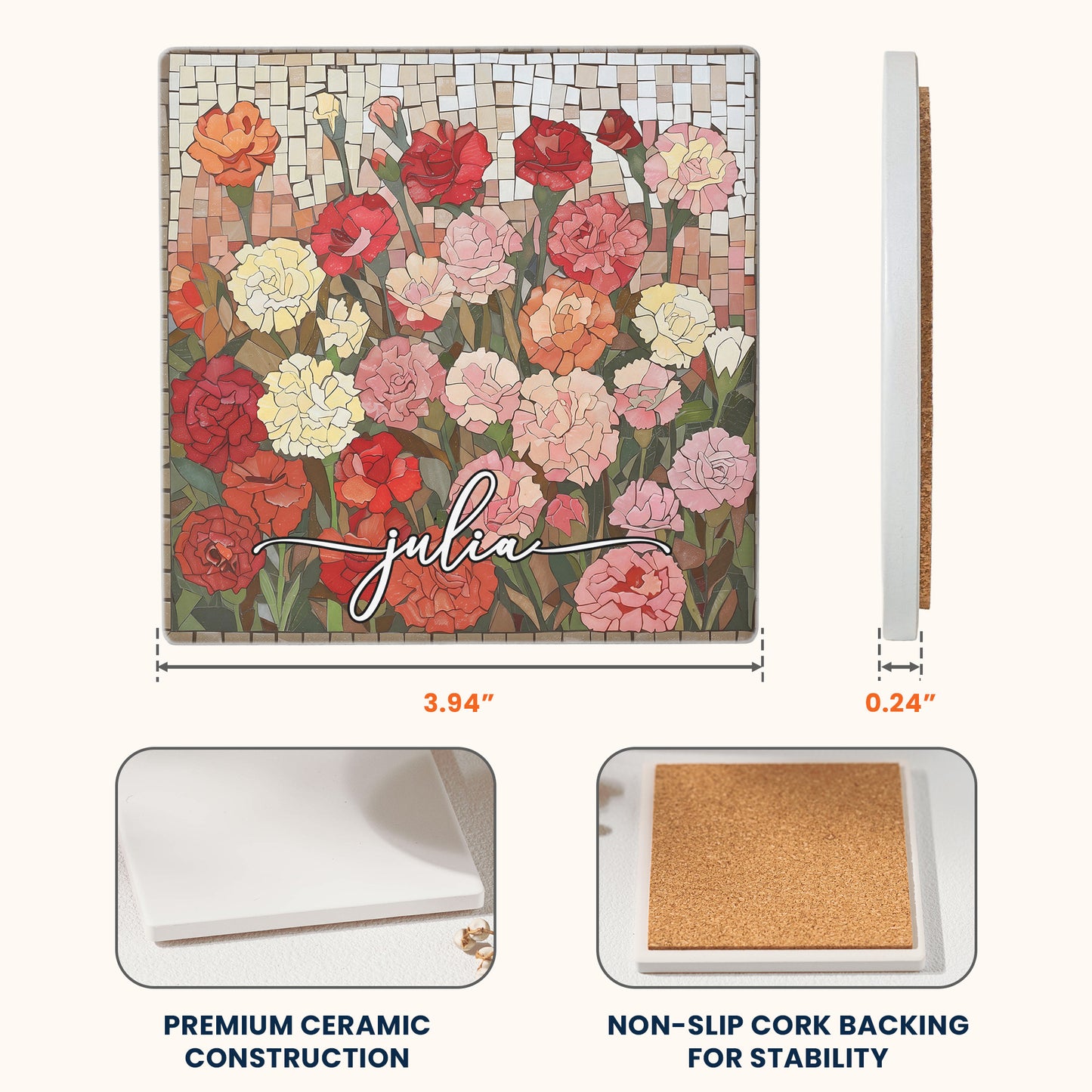 Custom Mosaic Birth Flower Printed Effect For Her, Sister, Mom, Grandma, Daughter - Personalized Ceramic Coaster