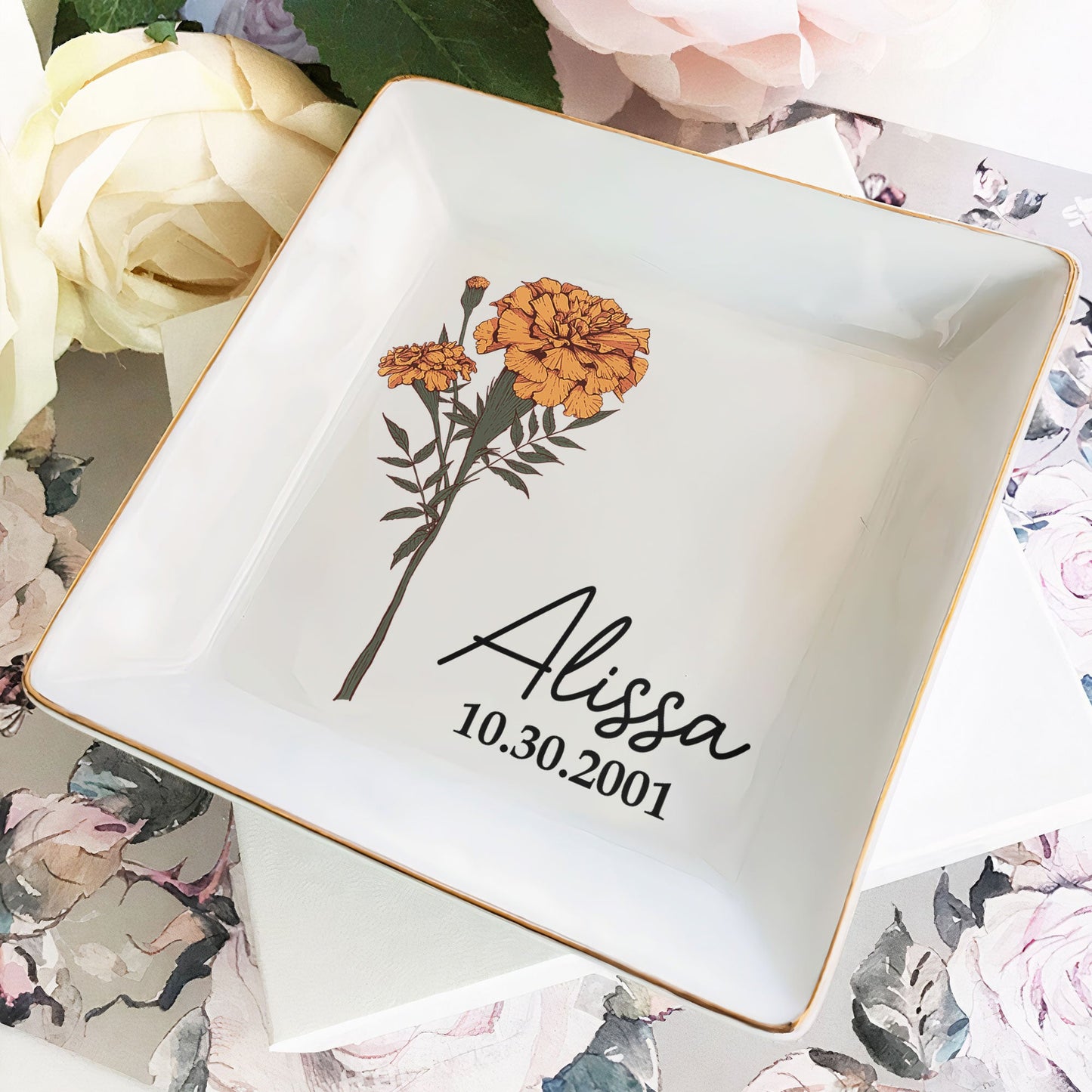 Custom Name And Birth Flower - Personalized Jewelry Dish