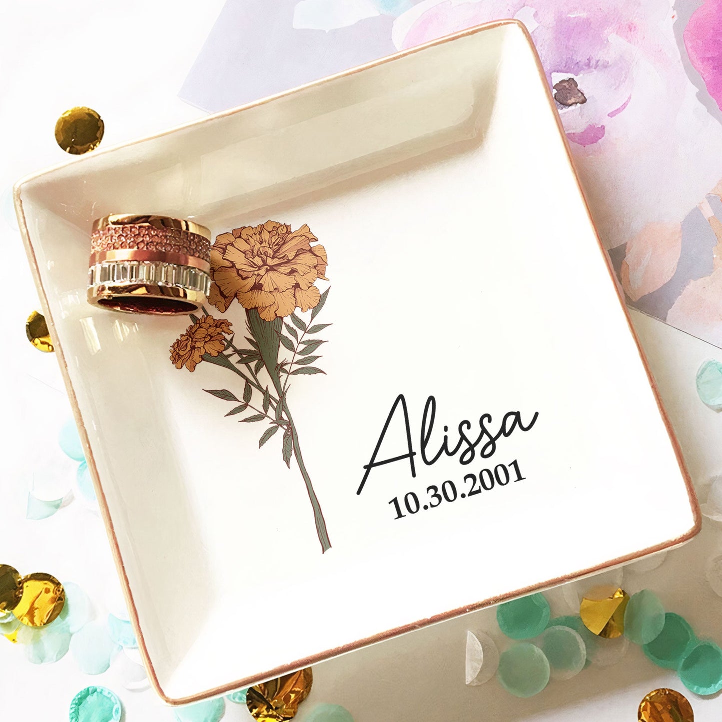 Custom Name And Birth Flower - Personalized Jewelry Dish