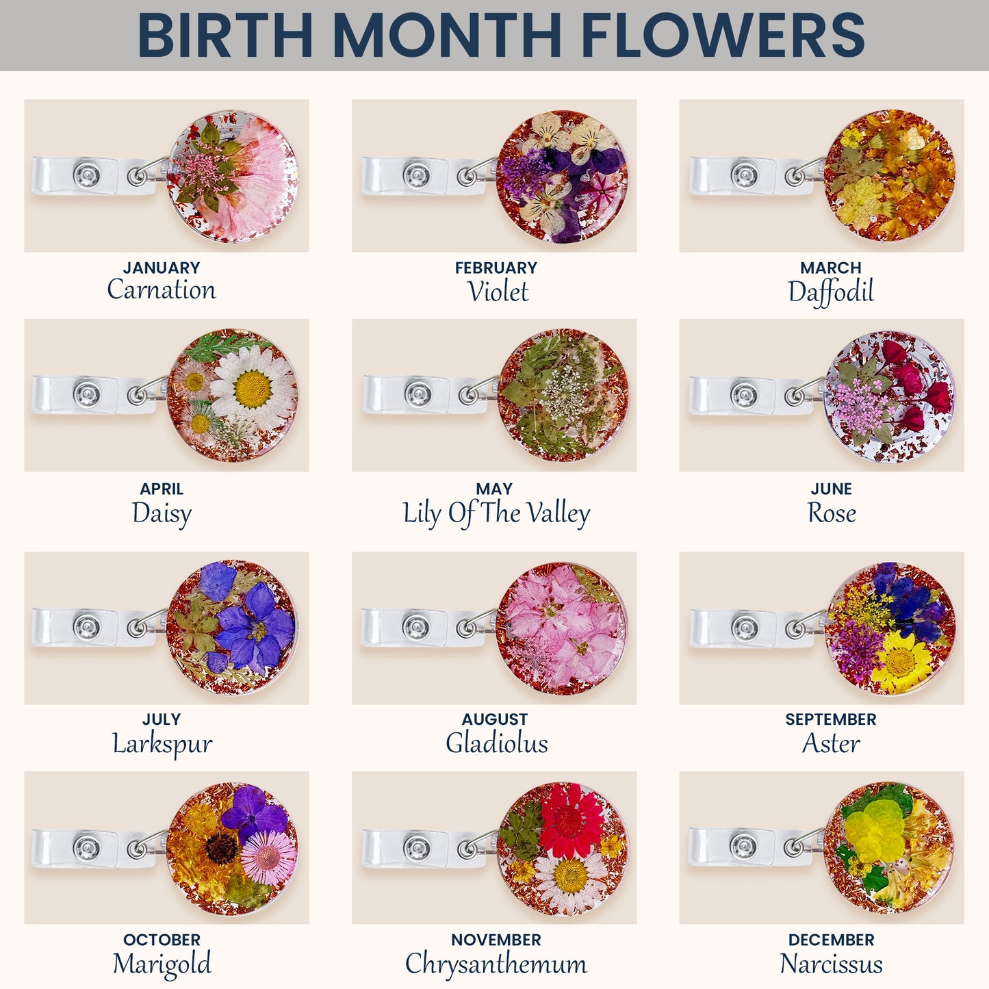 Custom Name And Birth Month Flower - Personalized Resin Birth Flower Badge Reel