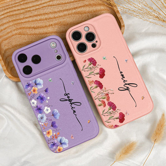 Custom Name Birth Flower For Her - Personalized Leather Phone Case