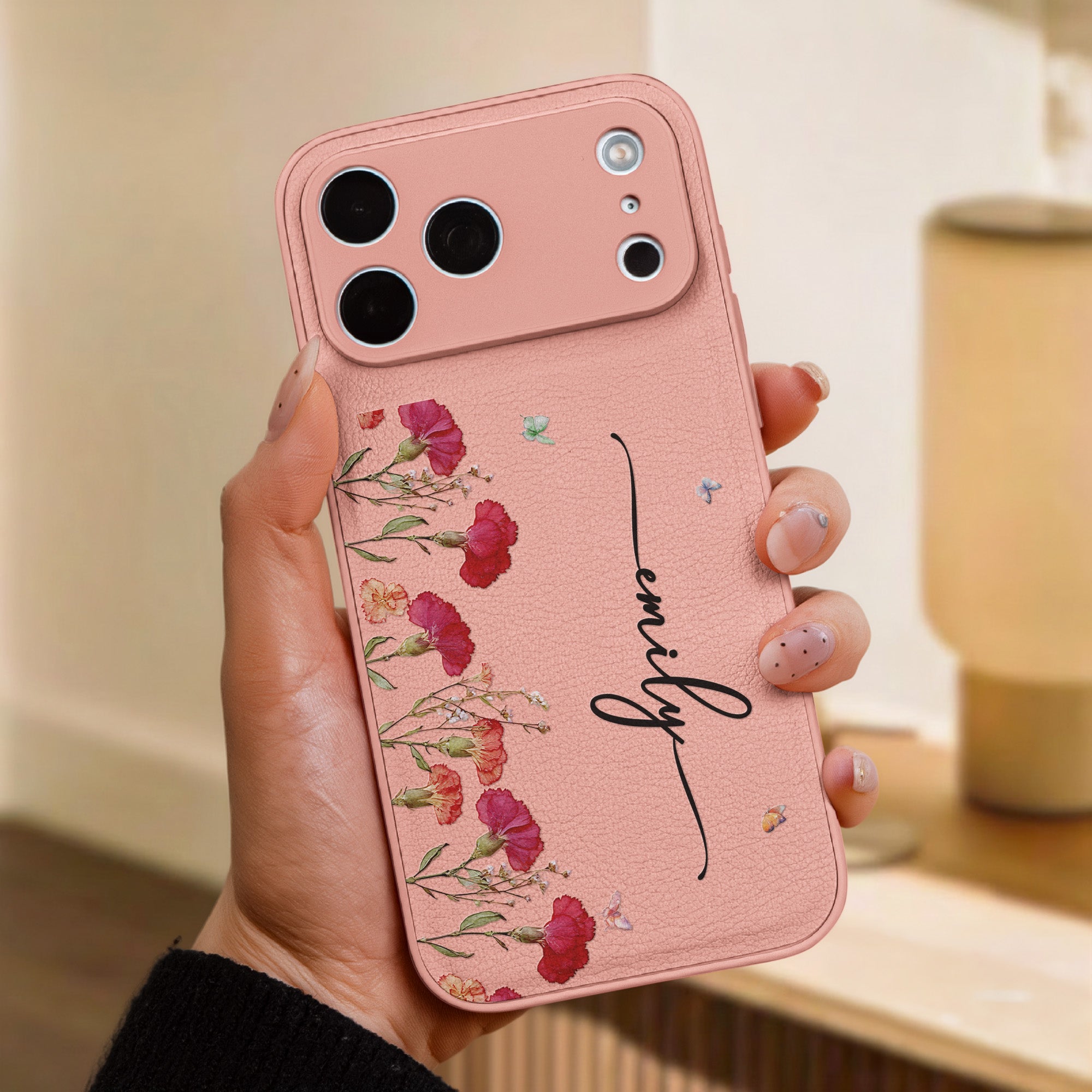 Custom Name Birth Flower For Her - Personalized Leather Phone Case