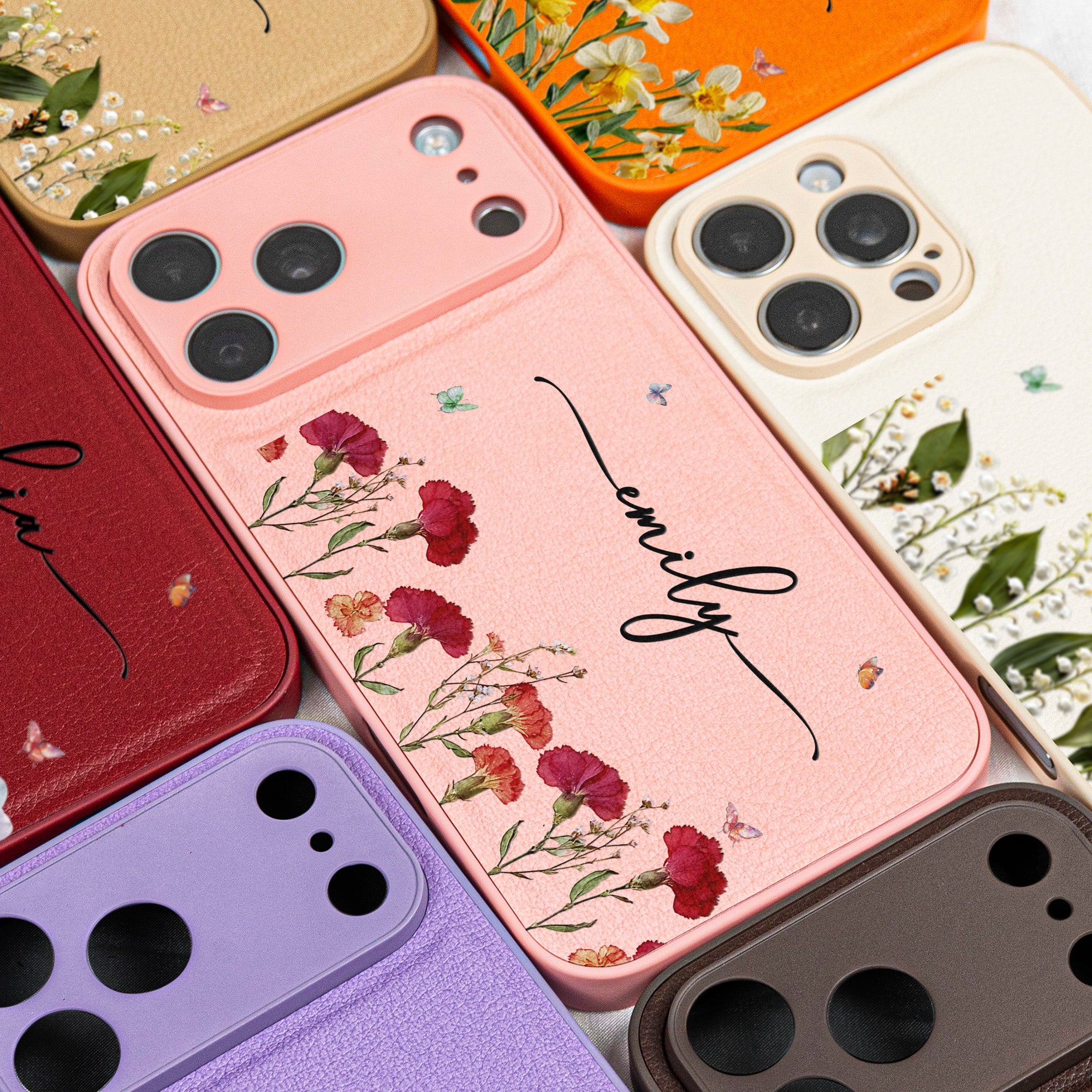Custom Name Birth Flower For Her - Personalized Leather Phone Case