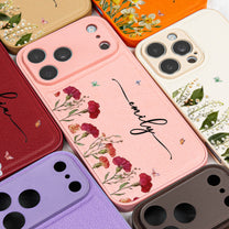 Custom Name Birth Flower For Her - Personalized Leather Phone Case