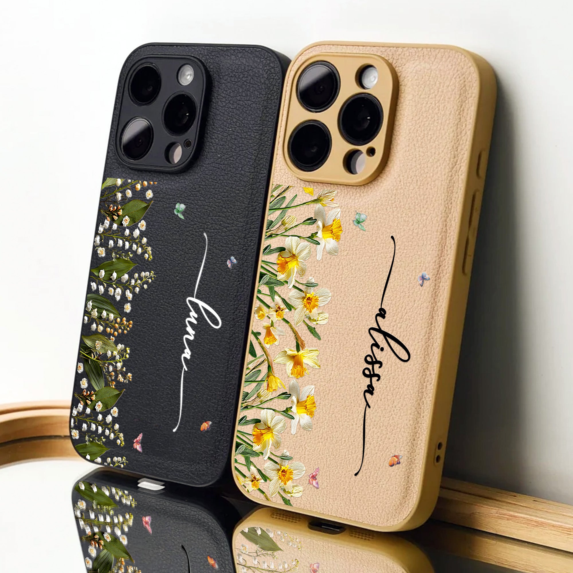Custom Name Birth Flower For Her - Personalized Leather Phone Case