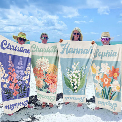 Custom Name Birth Flower Vintage Art - Personalized Quick-Dry Beach Towel