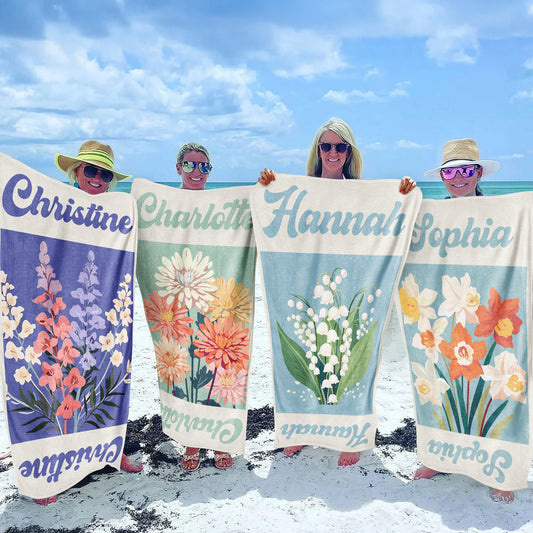 Custom Name Birth Flower Vintage Art - Personalized Quick-Dry Beach Towel