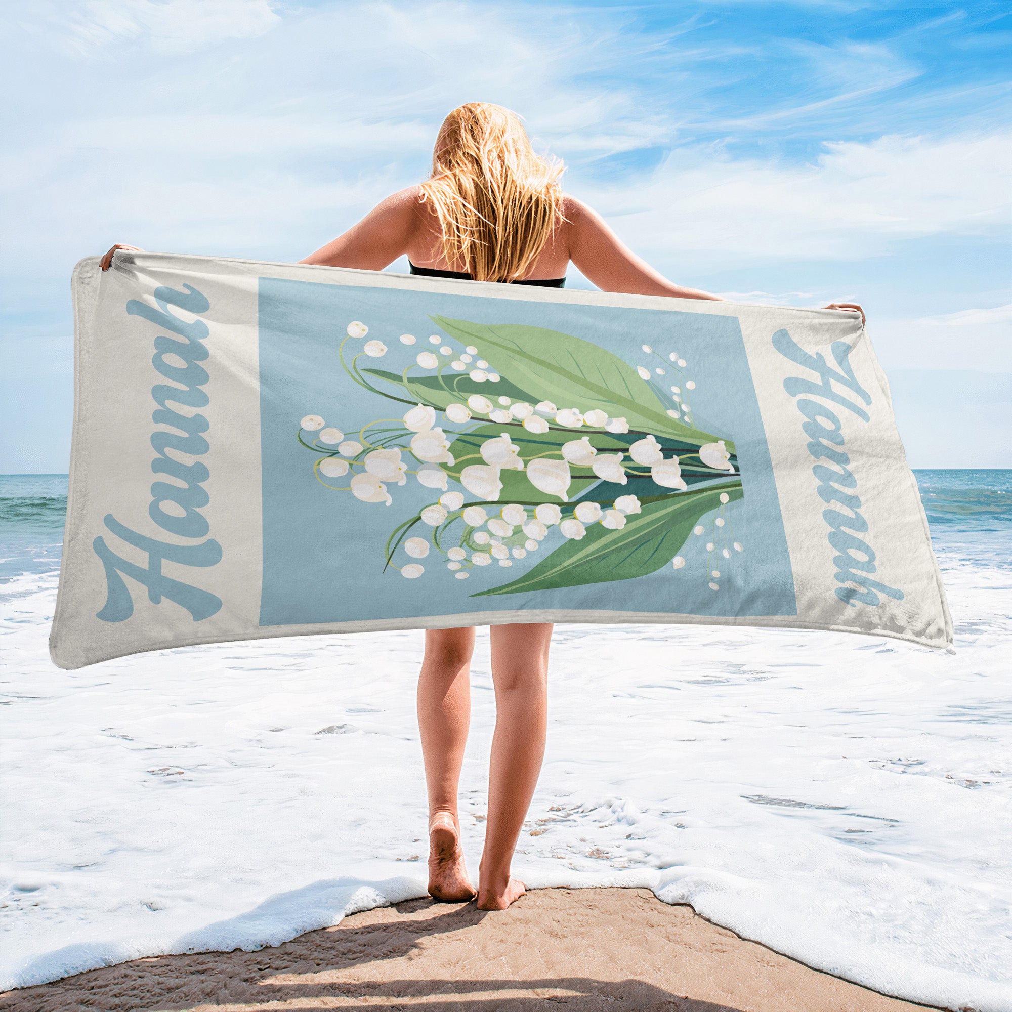 Custom Name Birth Flower Vintage Art - Personalized Quick-Dry Beach Towel