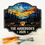 Custom Name Camping Night Sky Stained Glass Print - Personalized Metal Sign