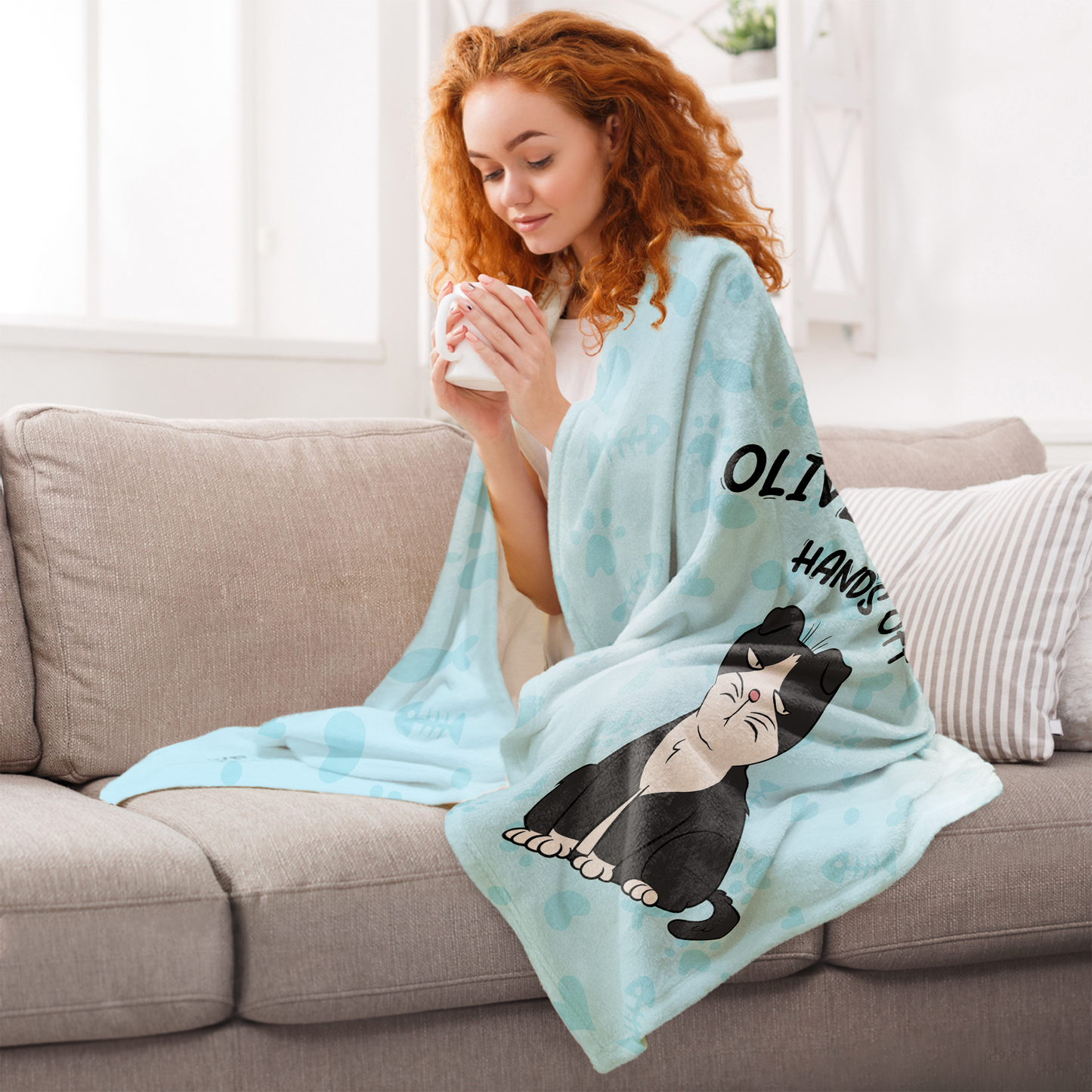 Custom Name Cat Blanket Hands Off For Pet - Personalized Blanket