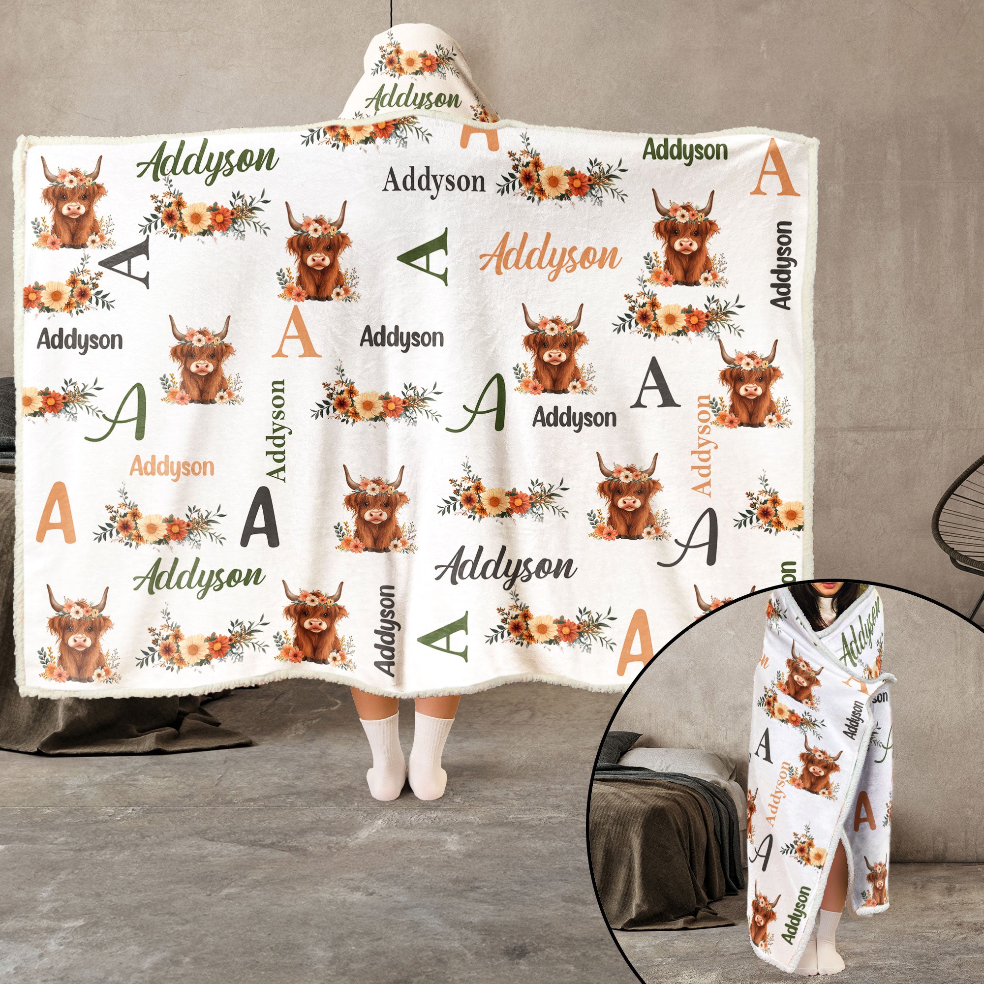 Custom Name Cute Cow - Personalized Wearable Blanket Hoodie