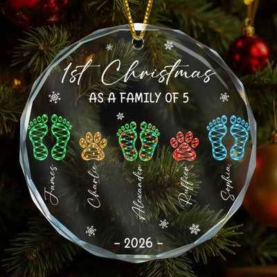Custom Name First Christmas As A Family Of Four Two Three Five Six Seven Eight Footprints - Personalized Ornament