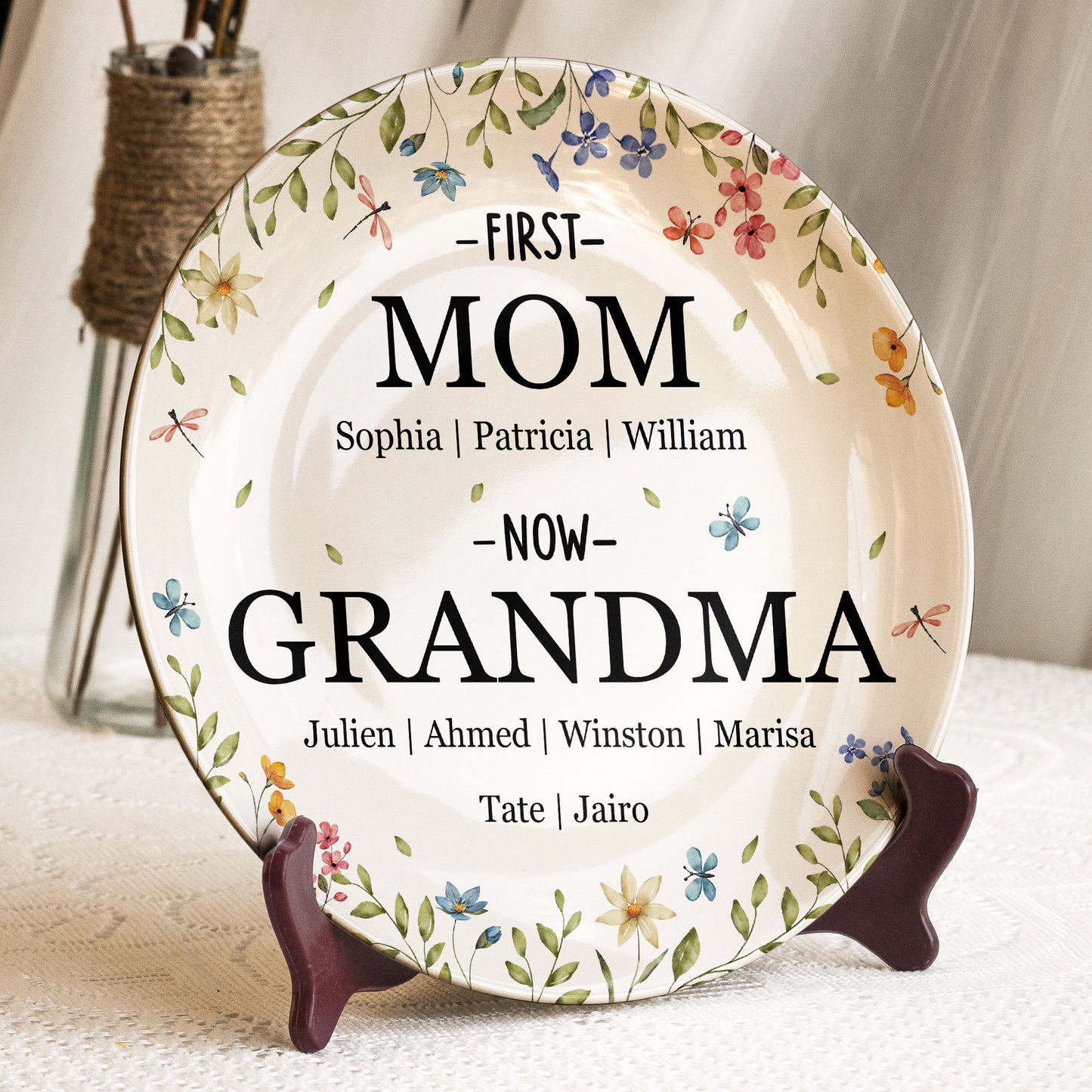 Custom Name First Mom Now Grandma - Personalized Ceramic Plate