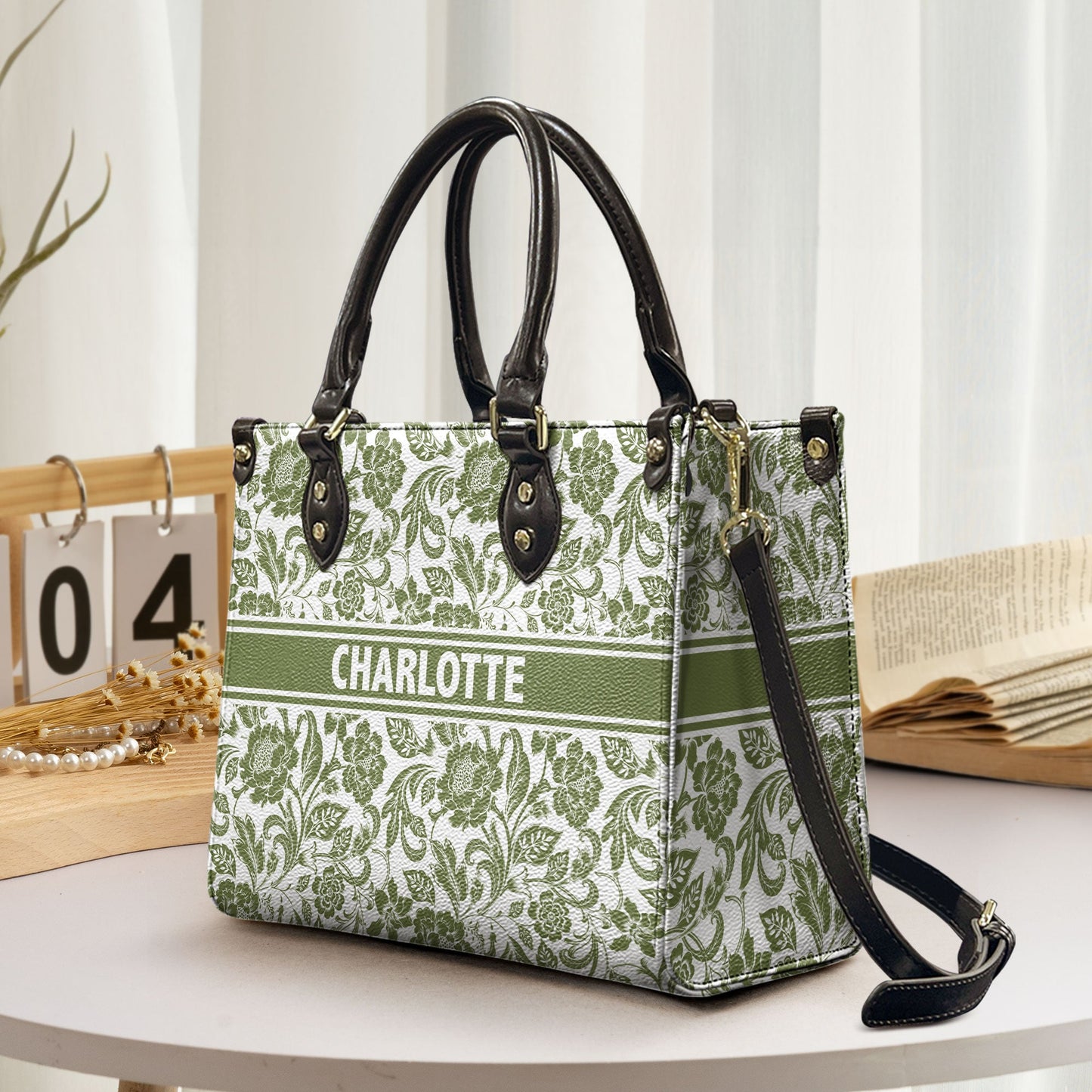 Custom Name Floral Pattern - Personalized Leather Bag