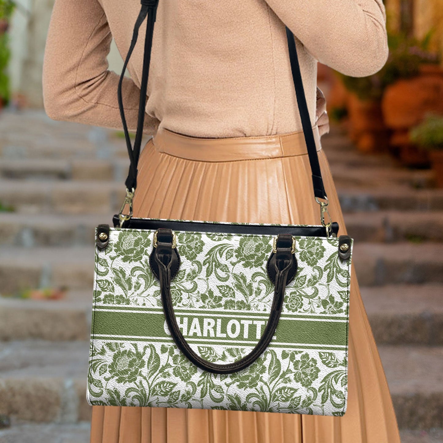 Custom Name Floral Pattern - Personalized Leather Bag