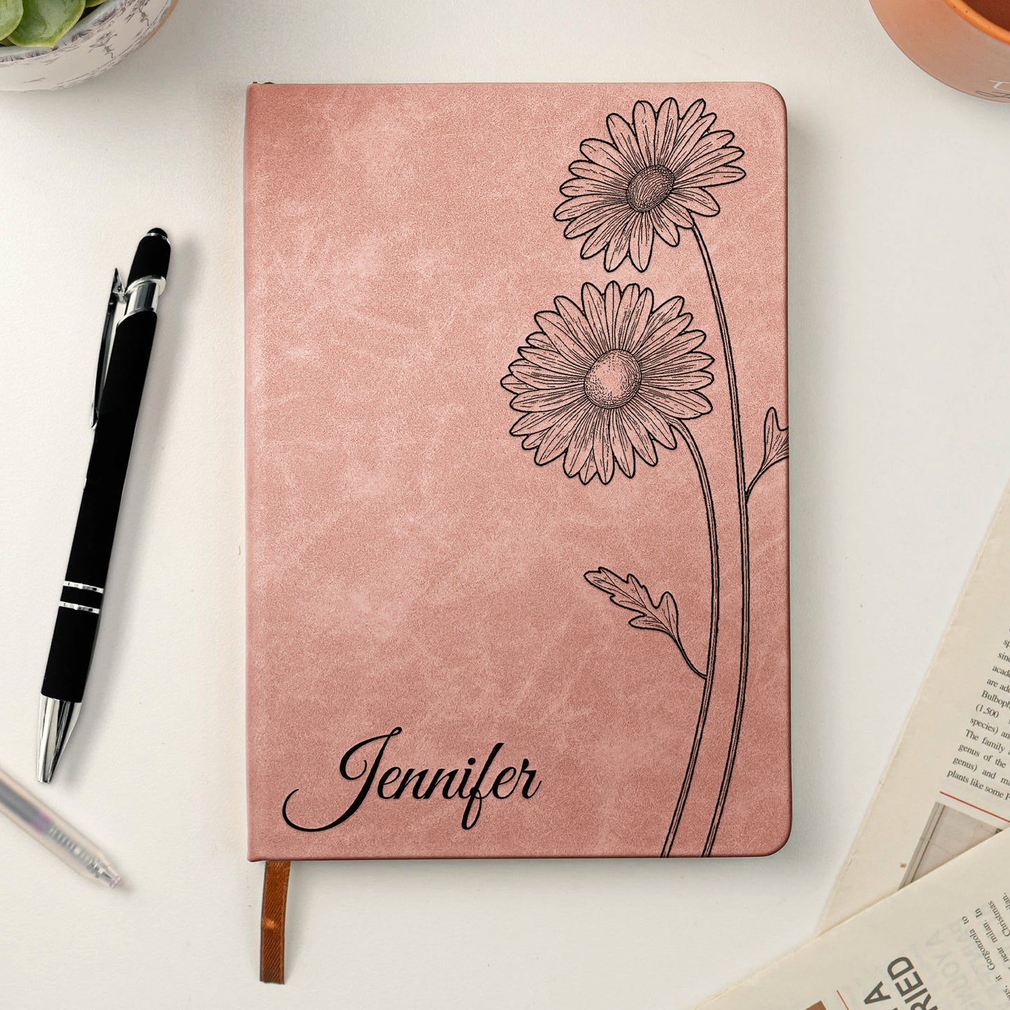 Custom Name Journal Birth Month Flower Gift - Personalized Leather Journal
