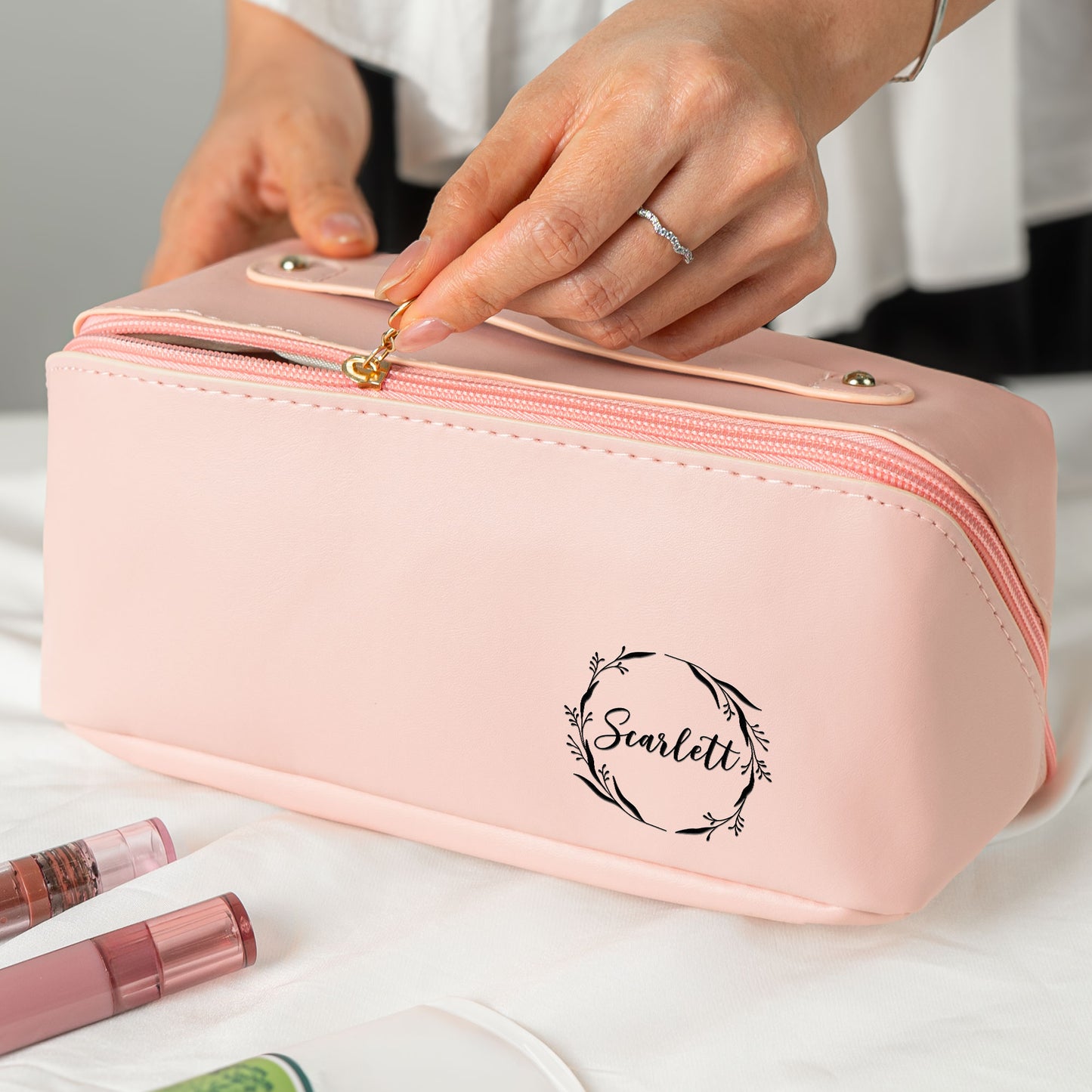 Custom Name Style For Her, Wife, Daughter, Sister - Personalized Leather Makeup Bag