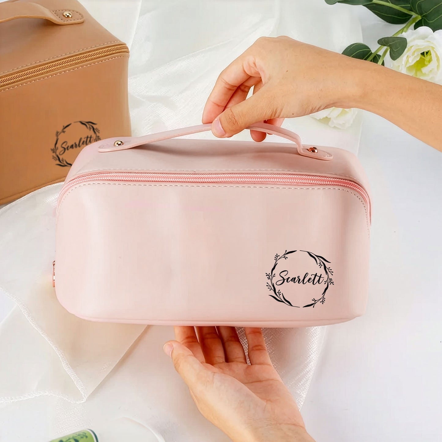 Custom Name Style For Her, Wife, Daughter, Sister - Personalized Leather Makeup Bag