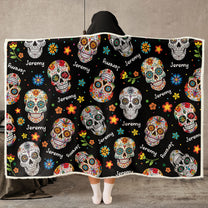 Custom Name Sugar Skulls Vintage Style - Personalized Wearable Blanket Hoodie