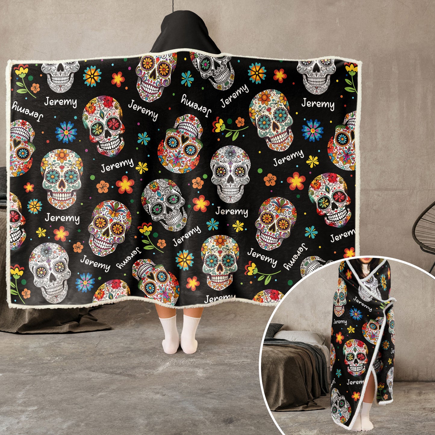 Custom Name Sugar Skulls Vintage Style - Personalized Wearable Blanket Hoodie