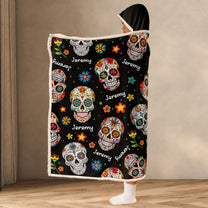 Custom Name Sugar Skulls Vintage Style - Personalized Wearable Blanket Hoodie