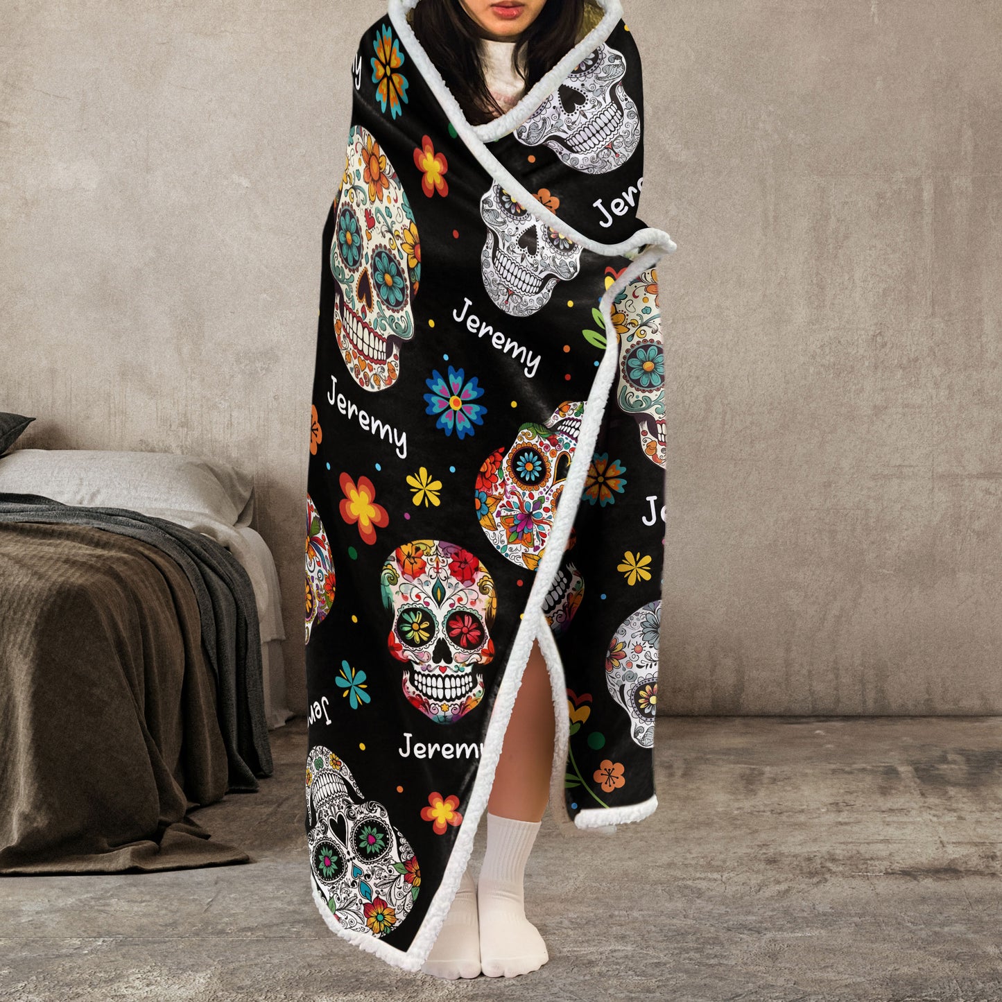 Custom Name Sugar Skulls Vintage Style - Personalized Wearable Blanket Hoodie