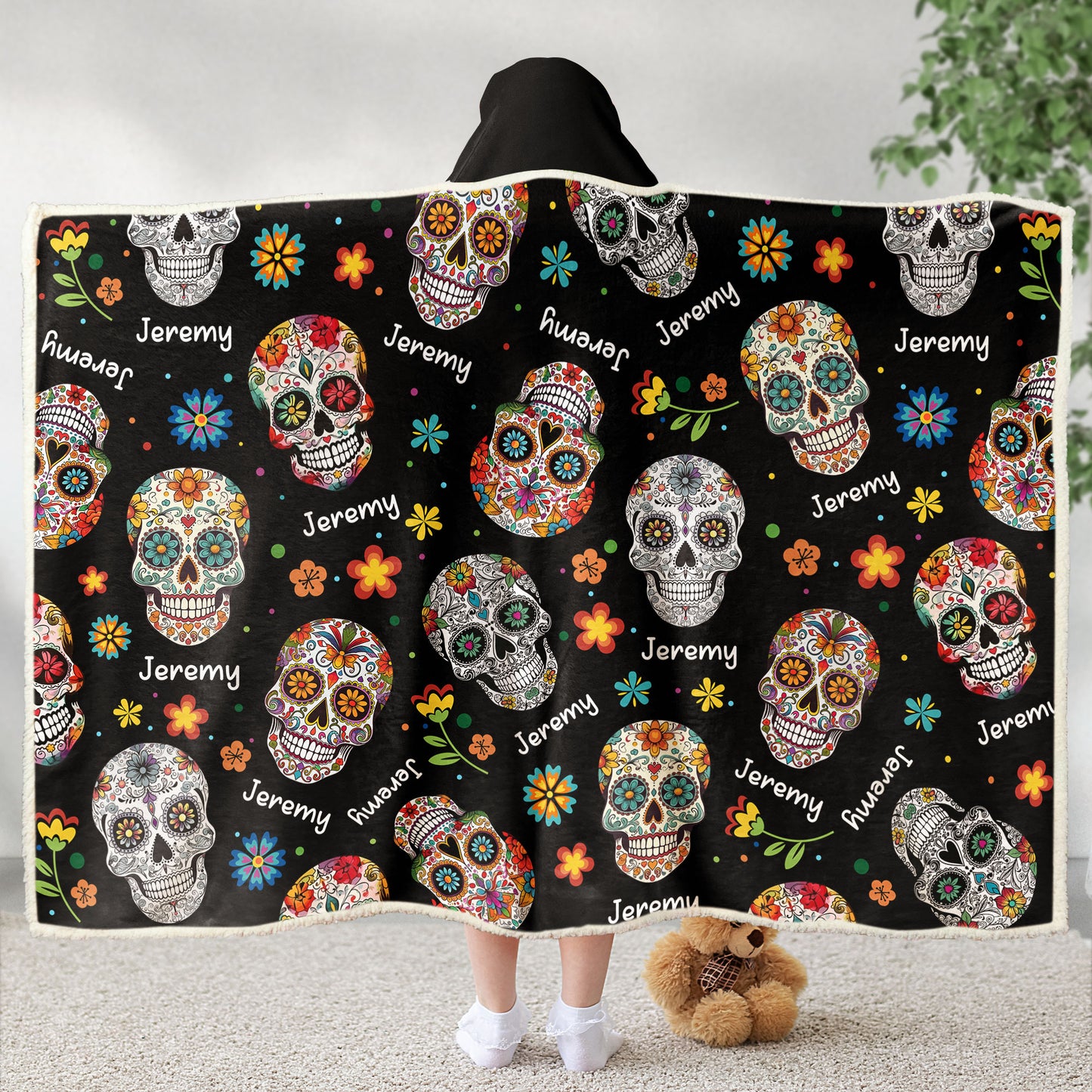 Custom Name Sugar Skulls Vintage Style - Personalized Wearable Blanket Hoodie