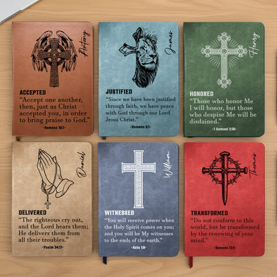 Custom Name With Matching Bible Verse Faith Gift For Him - Personalized Leather Journal