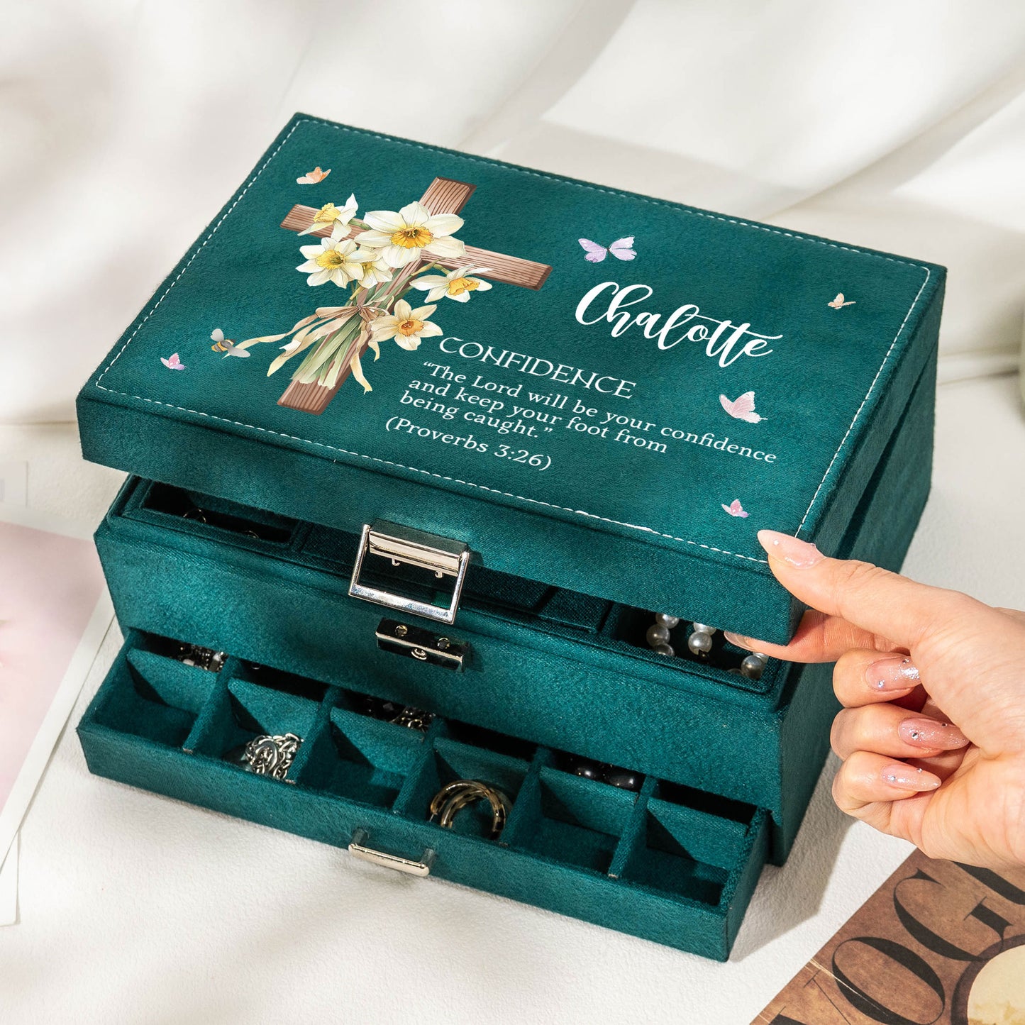 Custom Name With Matching Bible Verse Faith Gift - Personalized Large Jewelry Box