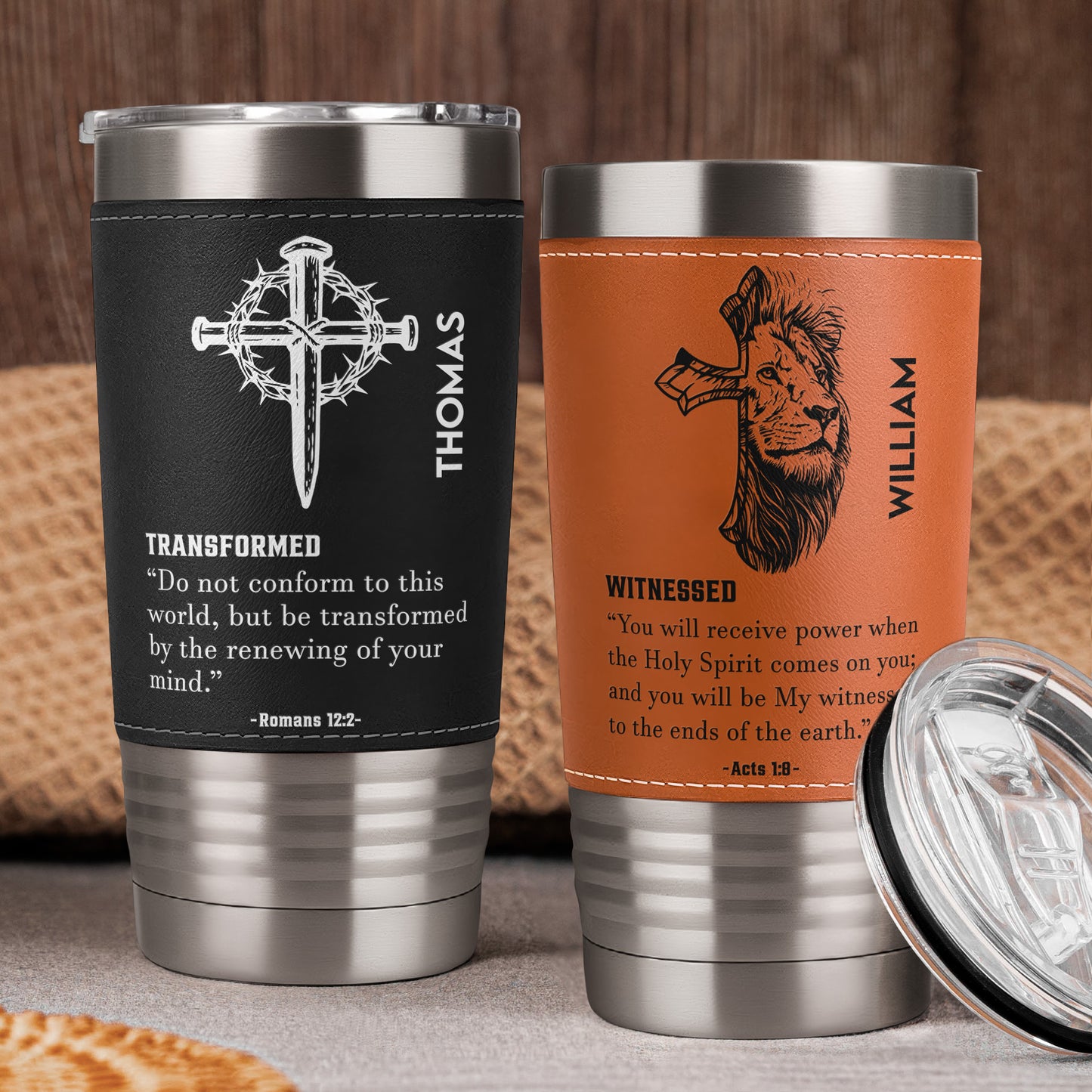 Custom Name With Matching Bible Verse Gift For Him - Personalized 20oz Leather Wrapped Tumbler
