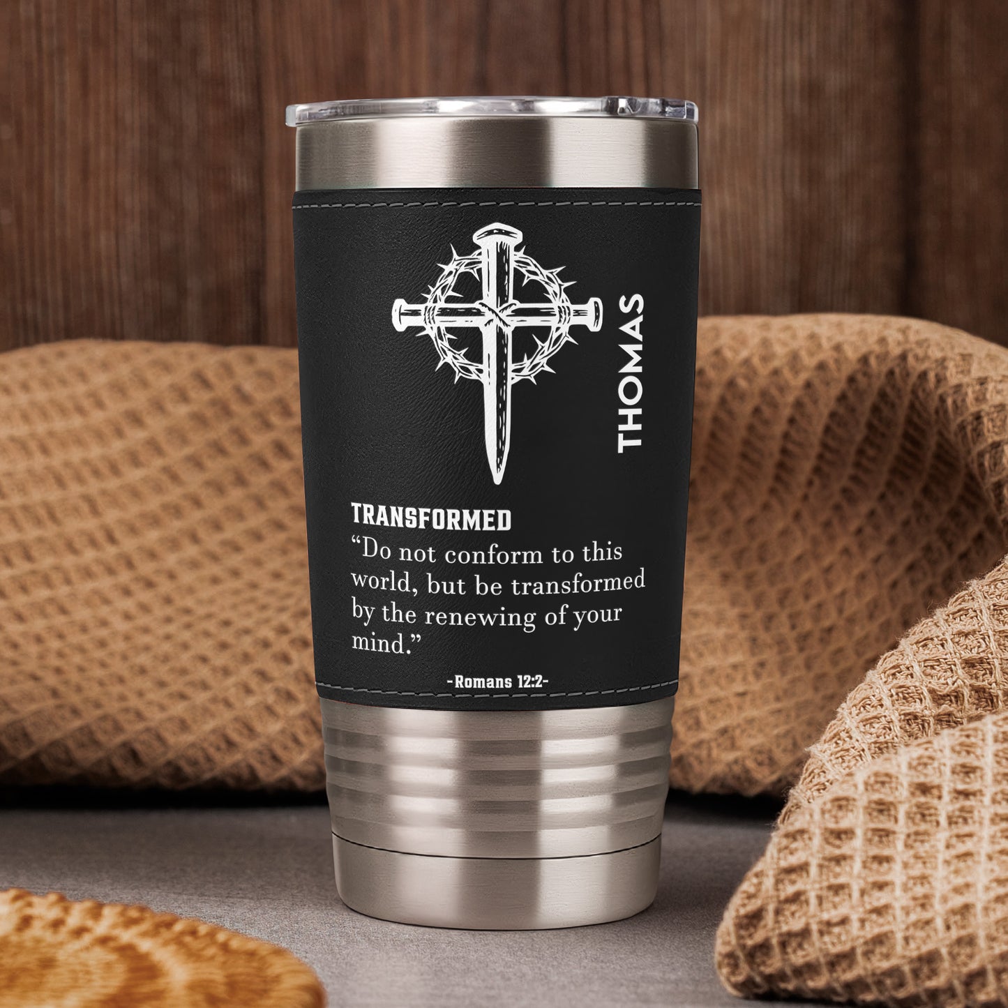 Custom Name With Matching Bible Verse Gift For Him - Personalized 20oz Leather Wrapped Tumbler