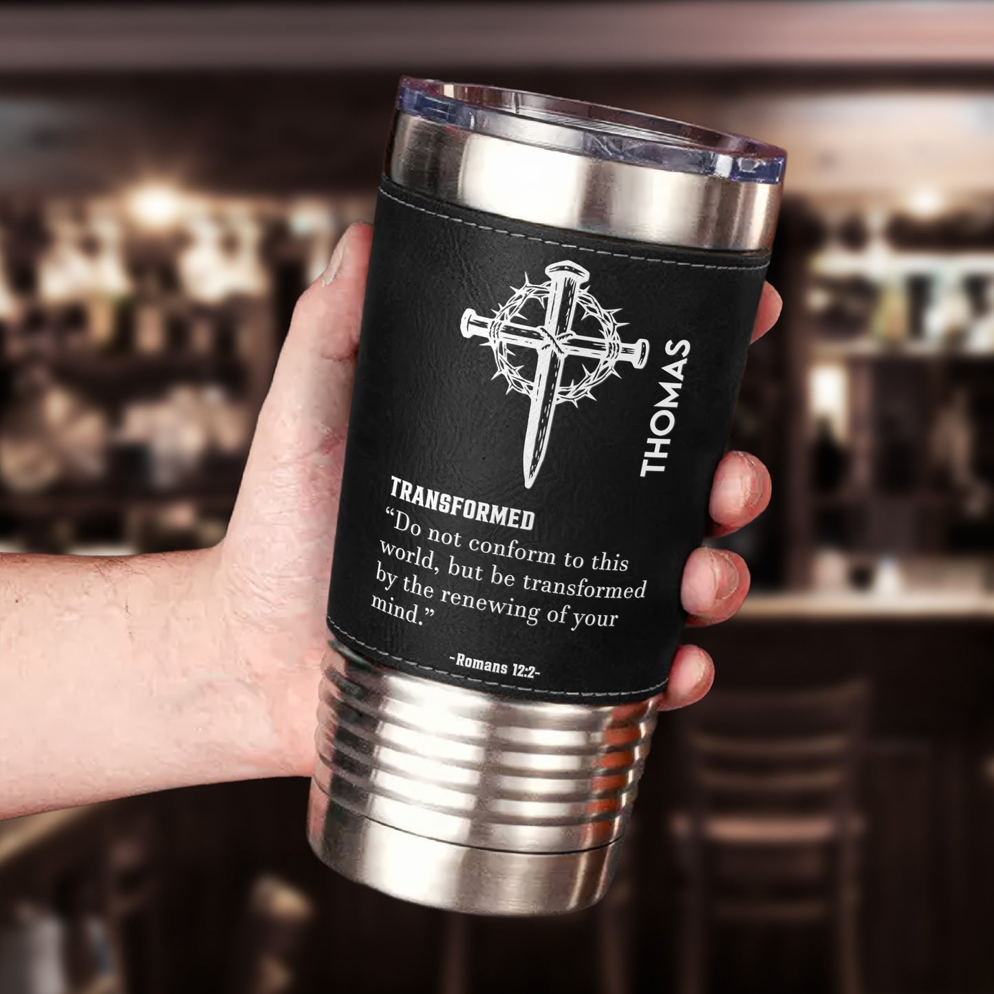 Custom Name With Matching Bible Verse Gift For Him - Personalized 20oz Leather Wrapped Tumbler