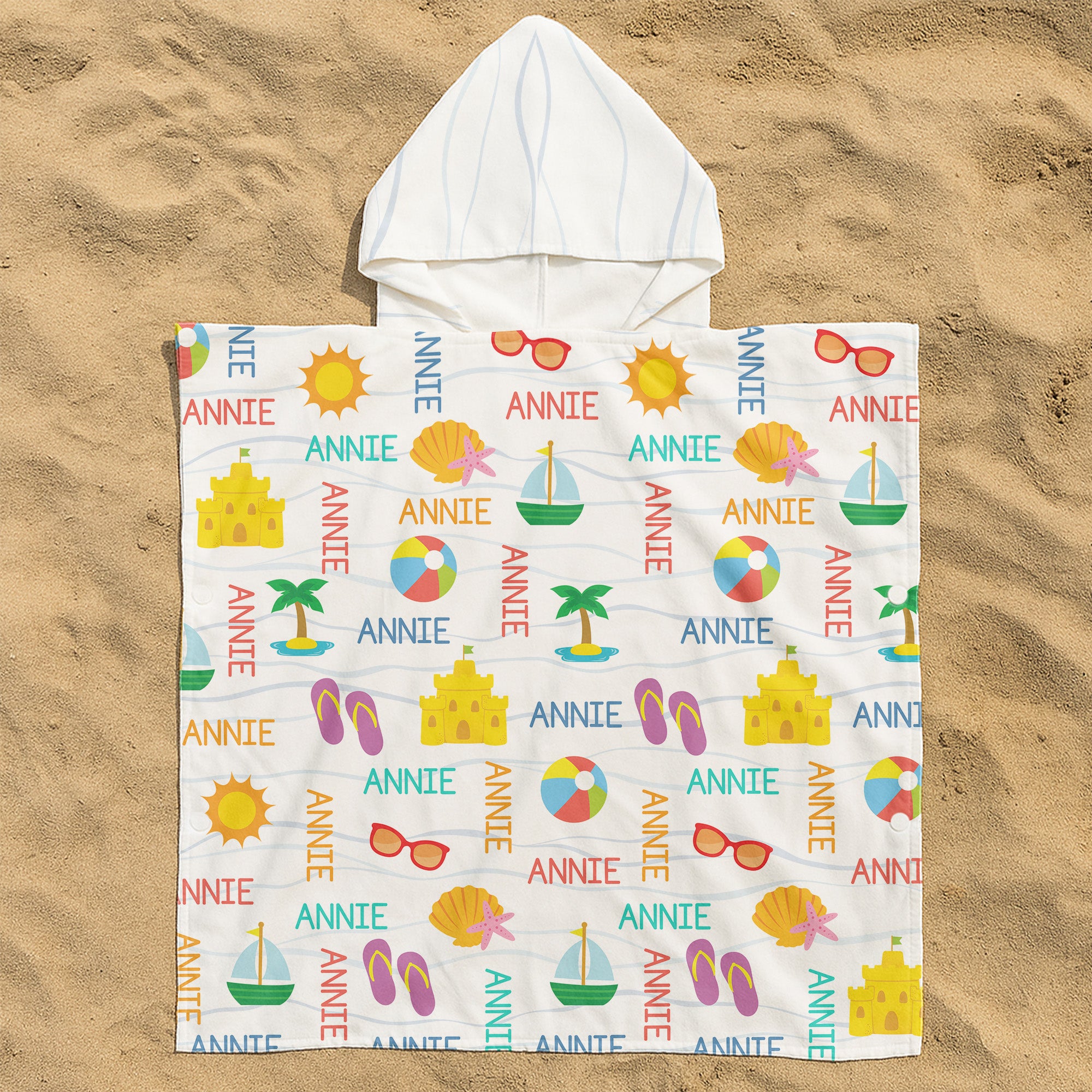 Custom Name With Summer And Beach Pattern - Personalized Kids Hooded Towel
