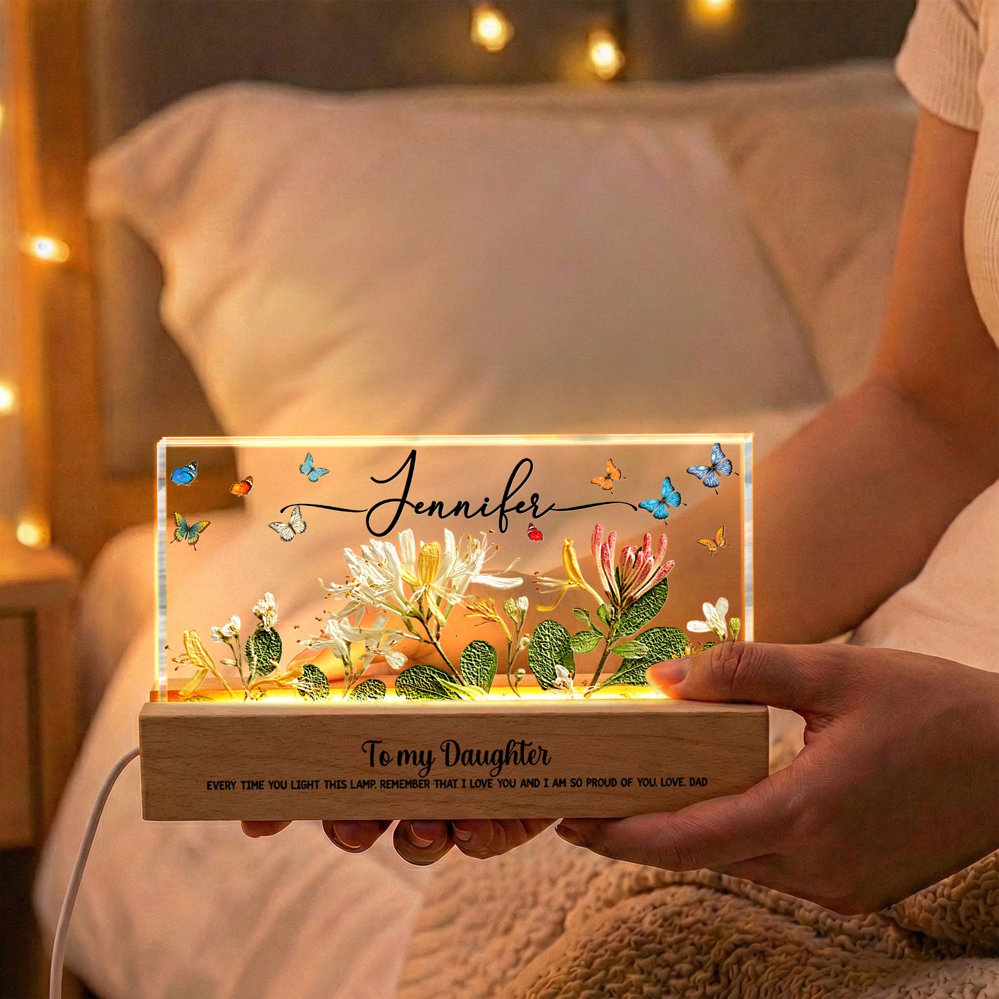 Custom Name & Faux Pressed Birth Flower Gift For Her - Personalized LED Night Light