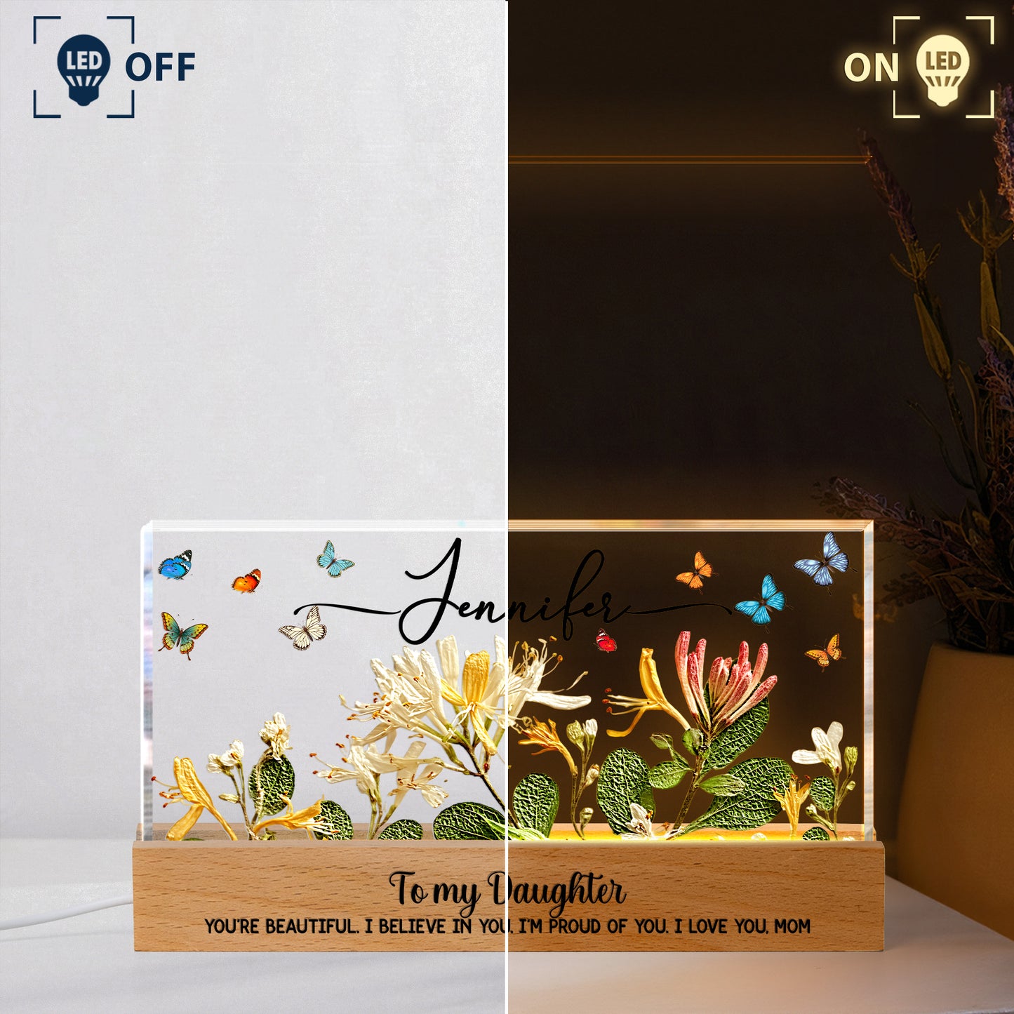 Custom Name & Faux Pressed Birth Flower Gift For Her - Personalized LED Night Light