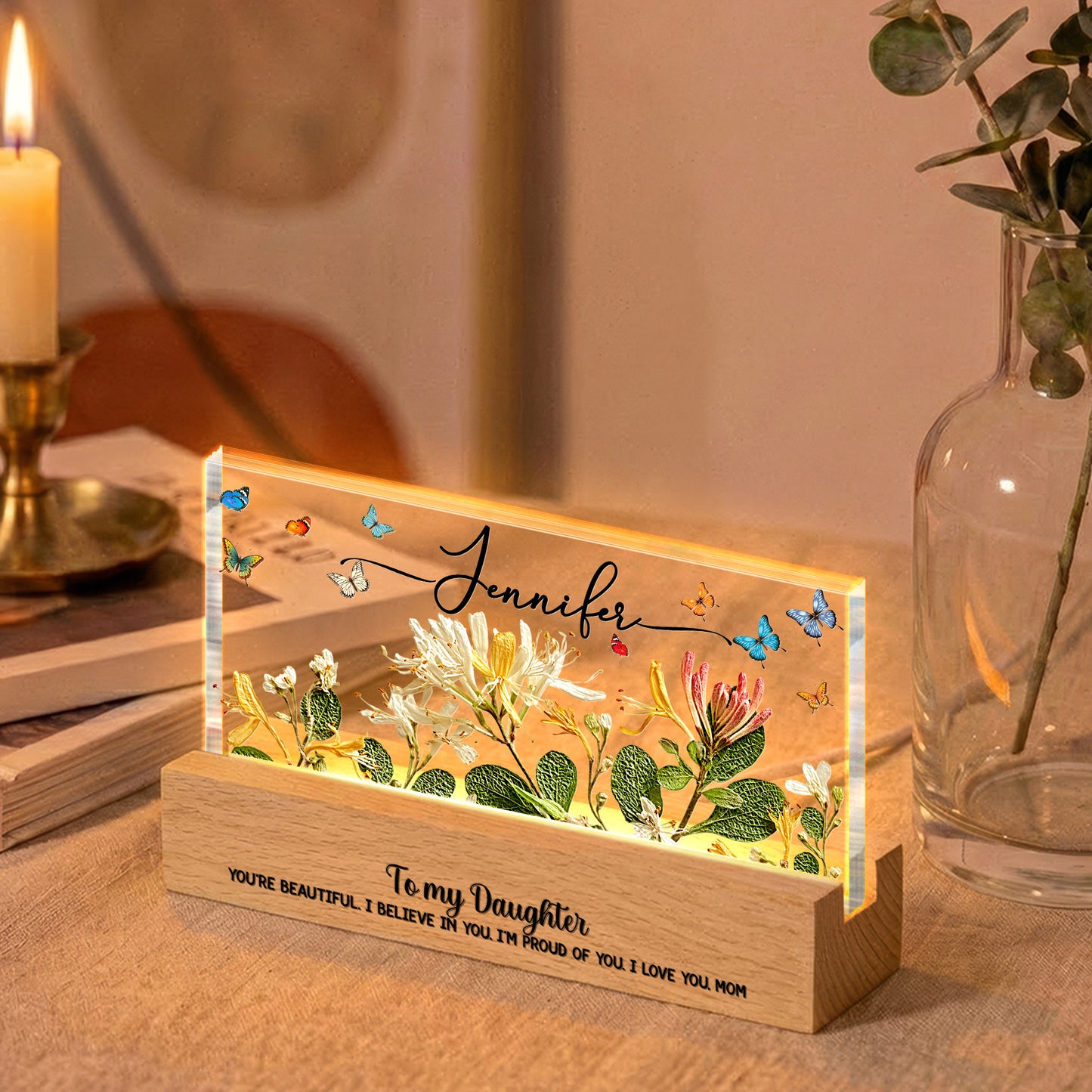 Custom Name & Faux Pressed Birth Flower Gift For Her - Personalized LED Night Light