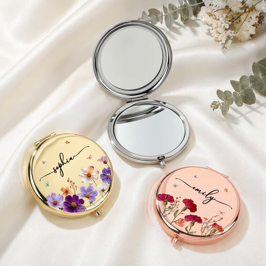 Custom Name & Birth Faux Pressed Flowers Gift For Her - Personalized Compact Mirror