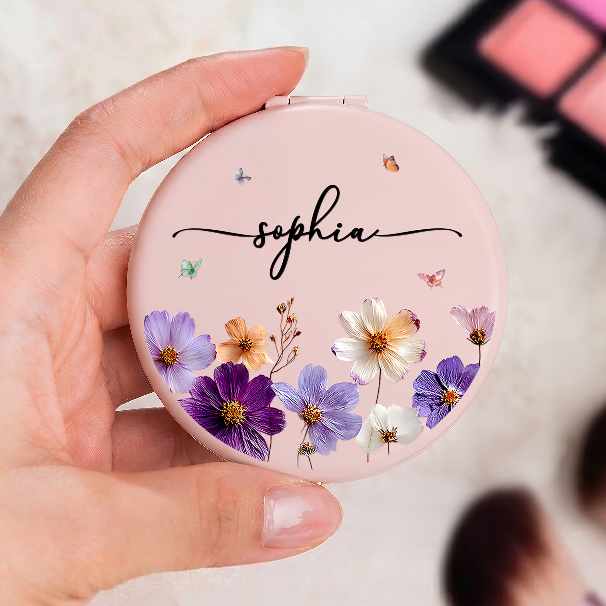 Custom Name & Birth Faux Pressed Flowers Gift For Her - Personalized Compact Mirror