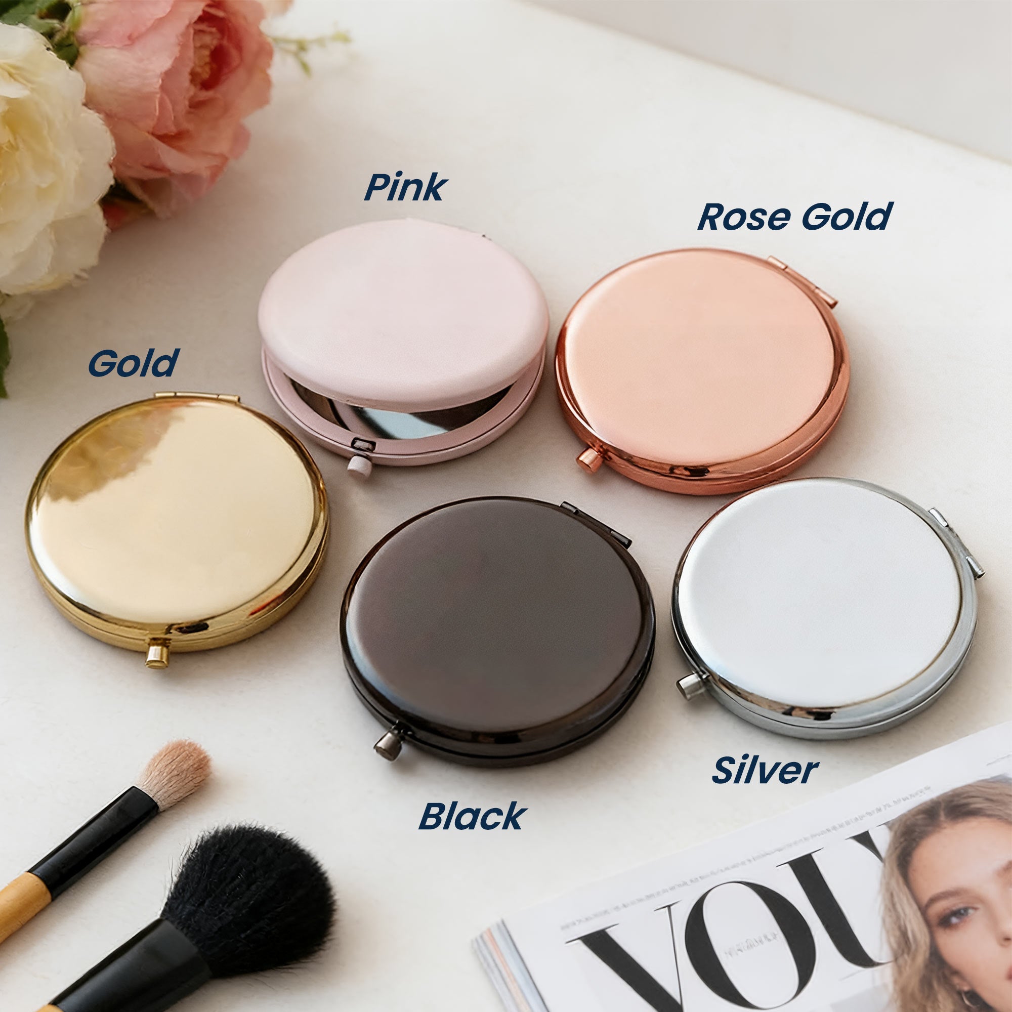 Custom Name & Birth Faux Pressed Flowers Gift For Her - Personalized Compact Mirror